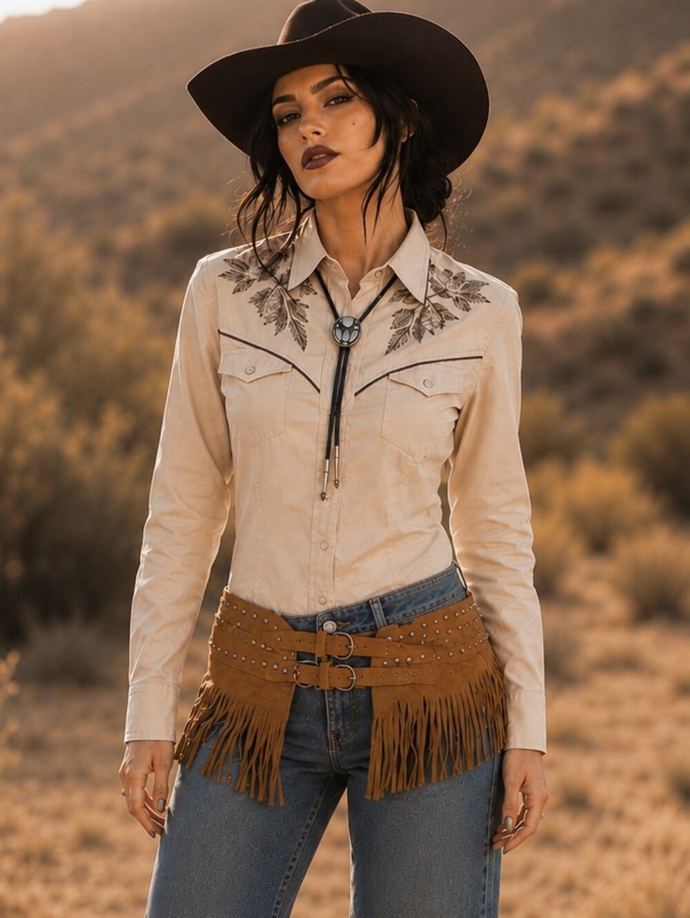 NEW Boho Western Tan Fringe Studded Faux Suede Waist Belt S/M